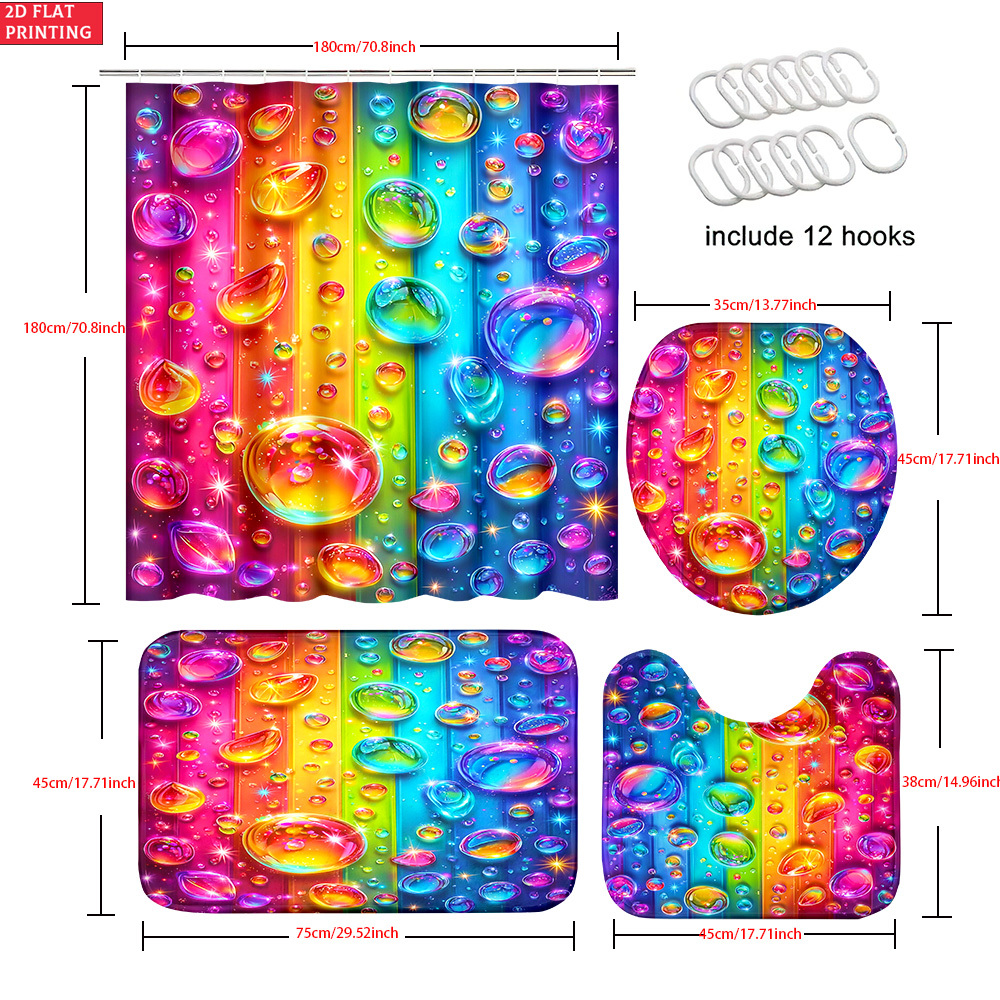 4pcs Rainbow Drops Pattern Shower Curtain Set with Bath Mat