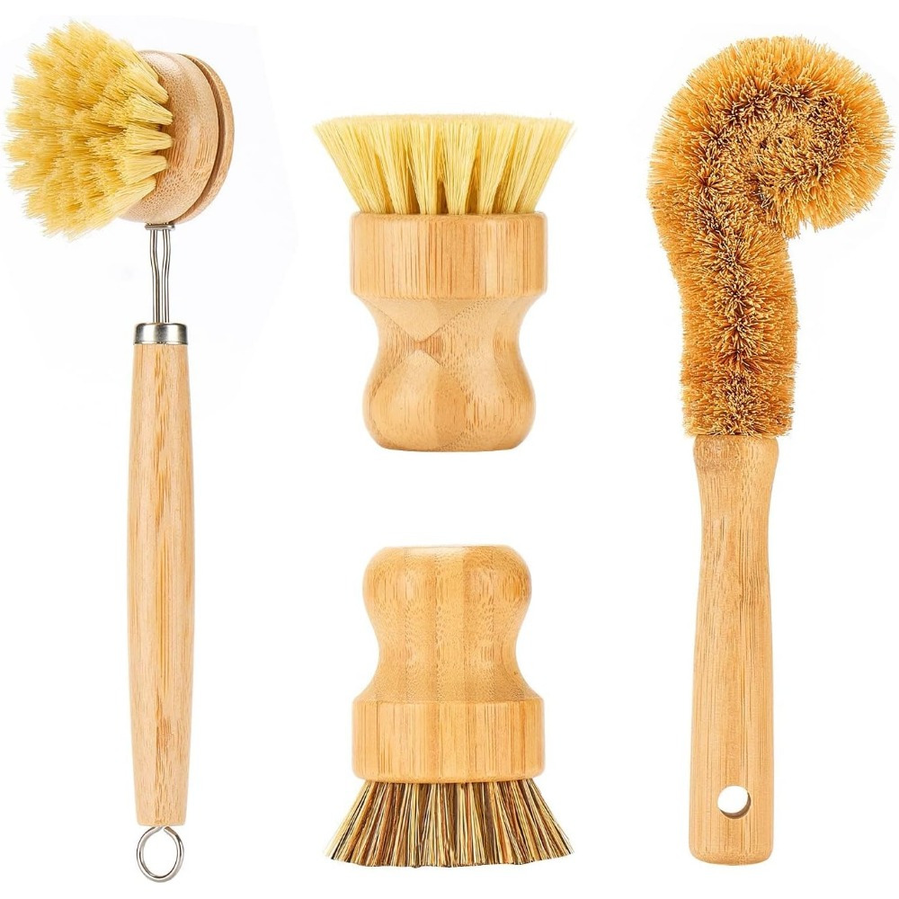 TEMU High-quality Bamboo Dish Brush Set With Long Handles - Natural Bristle Scrubbers For Pots, Pans & Kitchen Cleaning - Durable, Stainless Steel Metal Parts