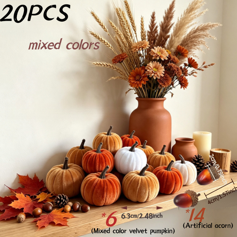 TEMU [thanksgiving Day] 20pcs 2.44-inch Velvet Artificial Pumpkin And Set, Velvet Artificial Pumpkins And . Suitable For Autumn Theme Parties,