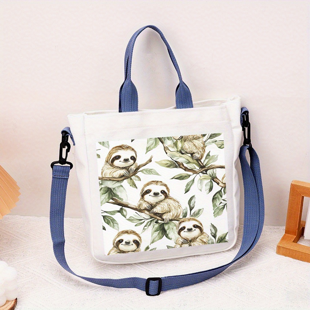 

1pc Sloth Print Large Capacity Polyester Shoulder Tote Bag, Detachable Strap, Multi-use Shopping And School Stationery Storage Messenger Bag