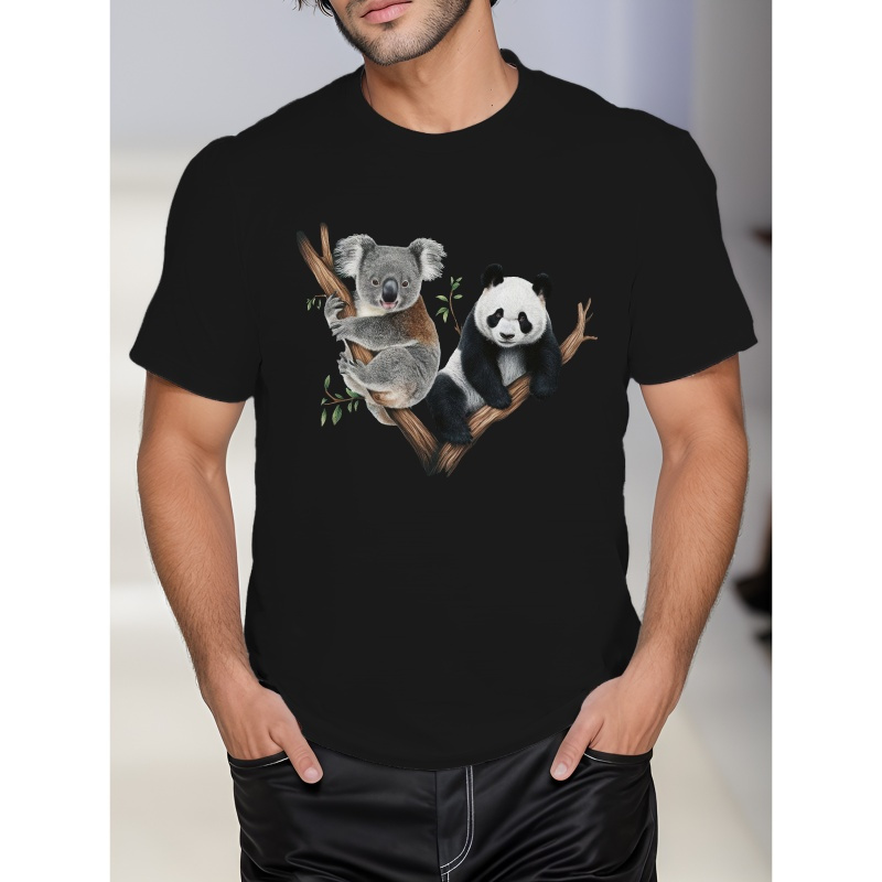 

Koala And Illustration Print T-shirt For Men - Casual Short Sleeve Polyester Tee With Geometric Pattern, Round Neck, Regular Fit For Summer