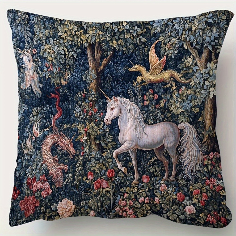 TEMU 1pc Vintage Medieval Unicorn Pillowcase, Double-sided Print, Polyester, Zipper Closure, Machine Washable, Versatile For Various Rooms, Seasonal