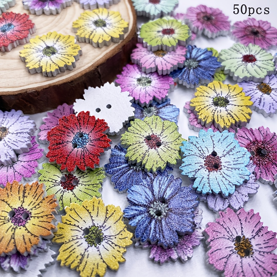 E-shop Gemischte Farbe Holz Blumen Knöpfe, handgefertigte dekorative Knöpfe mit 2 Löchern zum Nähen und für Projekte