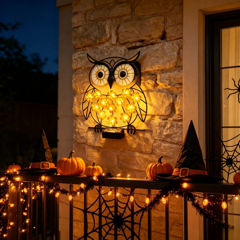 Image of 1pc Owl Solar Wall Light, Halloween Decorative Lamp, Outdoor Decorative Exterior Wall Light, Warm , Suitable For Courtyard, Garden, Path, Balcony, Holiday Decoration, Easter, Valentine's Day, Ip65