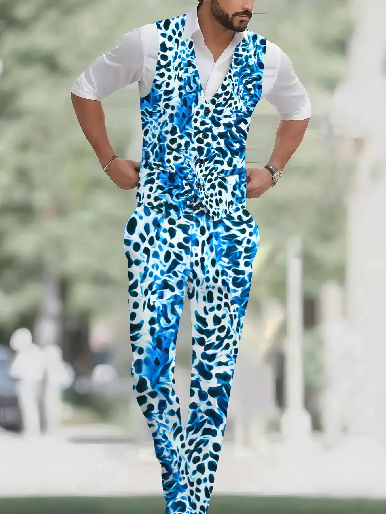 Men S Stylish 2pcs Vest + Trousers Set with Blue and White Leopard Print Pattern, Casual   Print Suit Vest and Pants Combo for Classic Banquet Wedding Party Outfit