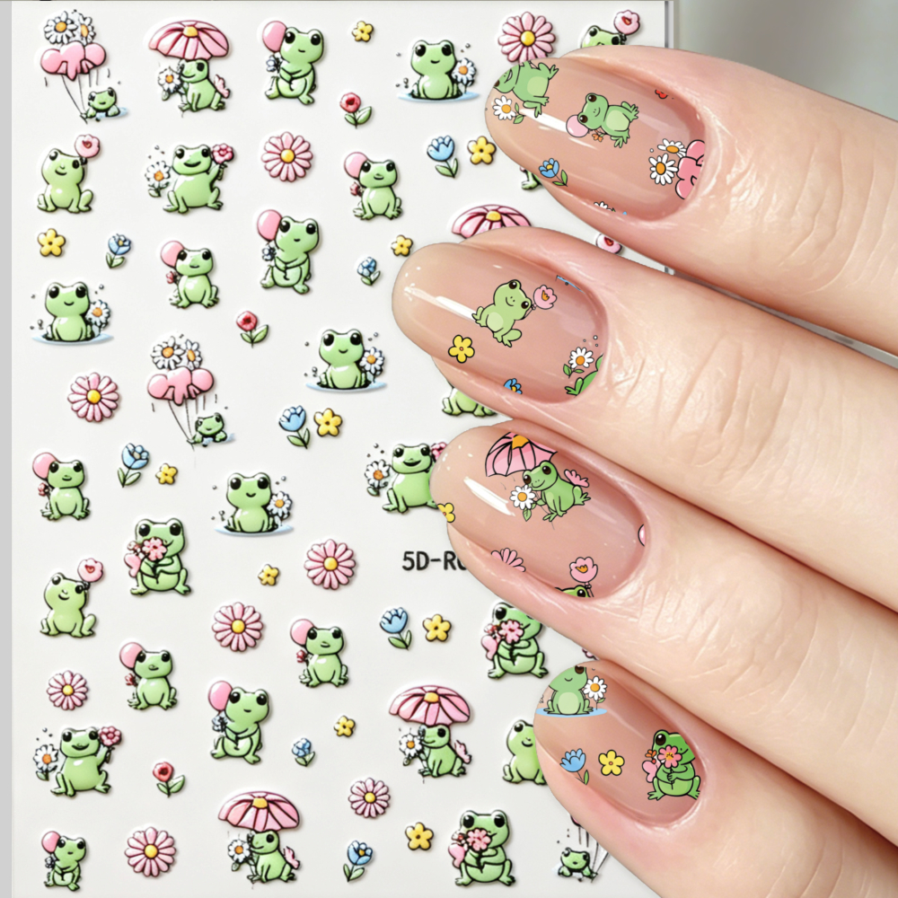TEMU 1pc 5d Embossed Cute Frog And Flower Pattern, Self-adhesive Nail Stickers, Daisy Balloon , Nail Decal, Easy Diy Manicure Decor For Women Nail