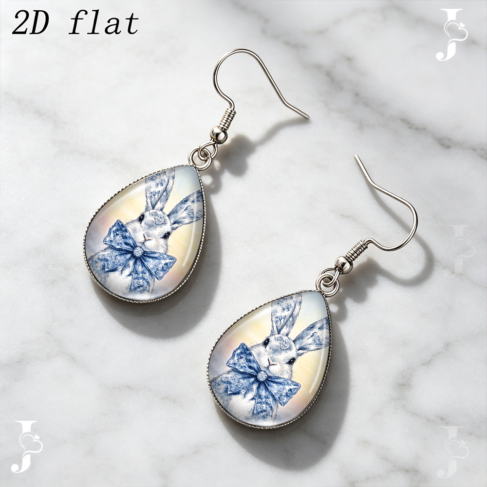 Blue White Snowflake Rabbit Bow Pattern Dangle Earrings