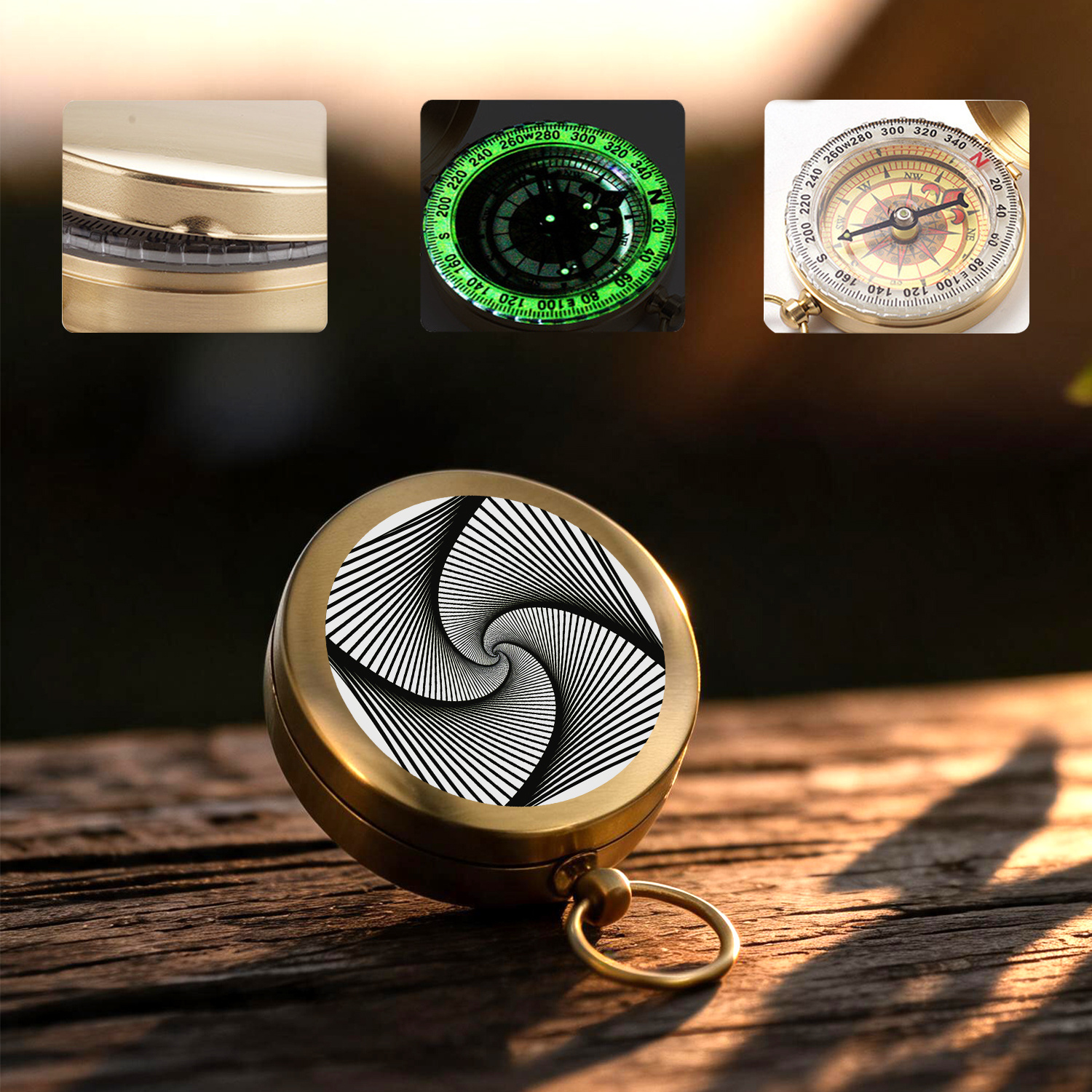 Vintage Pure Copper Spiral Line Art Pocket Compass with Key Ring