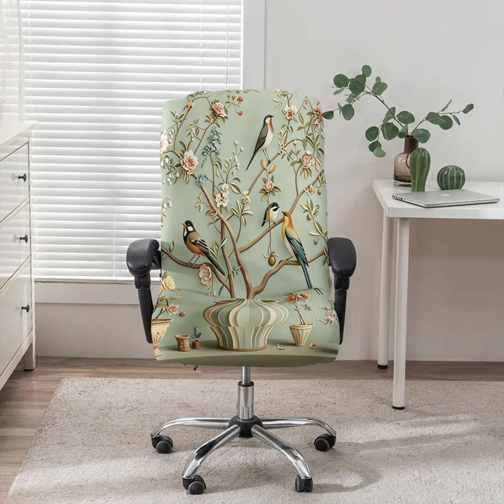 TEMU 1pc Paper-cut Style Flower And Bird Artwork Office Chair Cover, Fabric With Elastic Detachable And Machine Washable Chair Cover. Suitable For