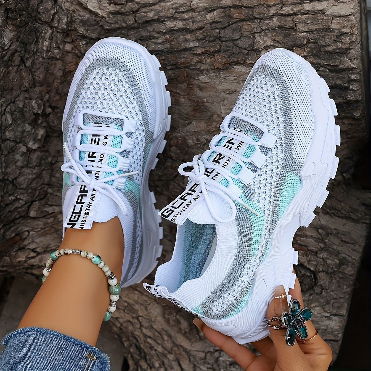 womens plus size colorblock knitted sneakers breathable low   trainers with gradient white to light   durable pvc sole     for outdoor sports casual wear gym shoes microfiber fabric upper Product details 3