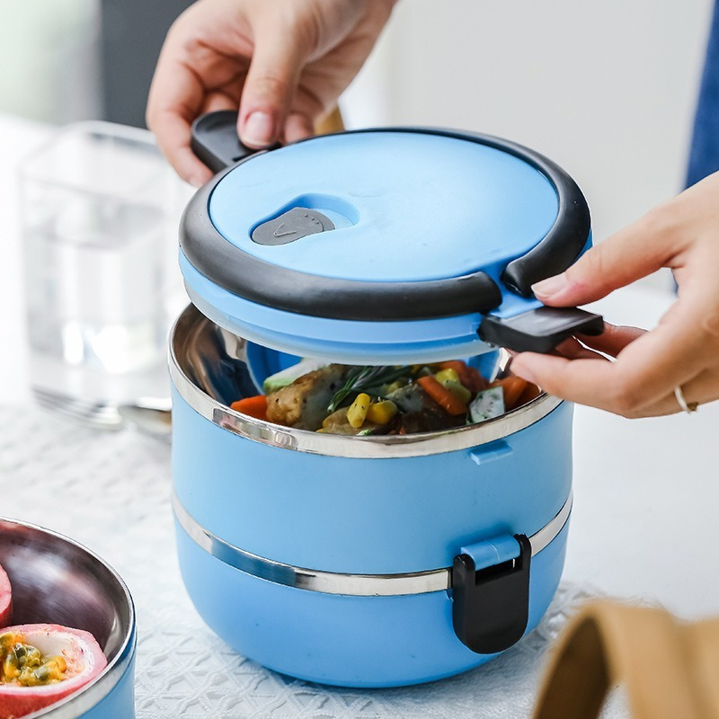 

2-layer Stainless Steel Insulated Food Container - Leak-proof Portable Bento Lunch Box With Blue Lid, Outdoor Meals, & Camping, Random Color