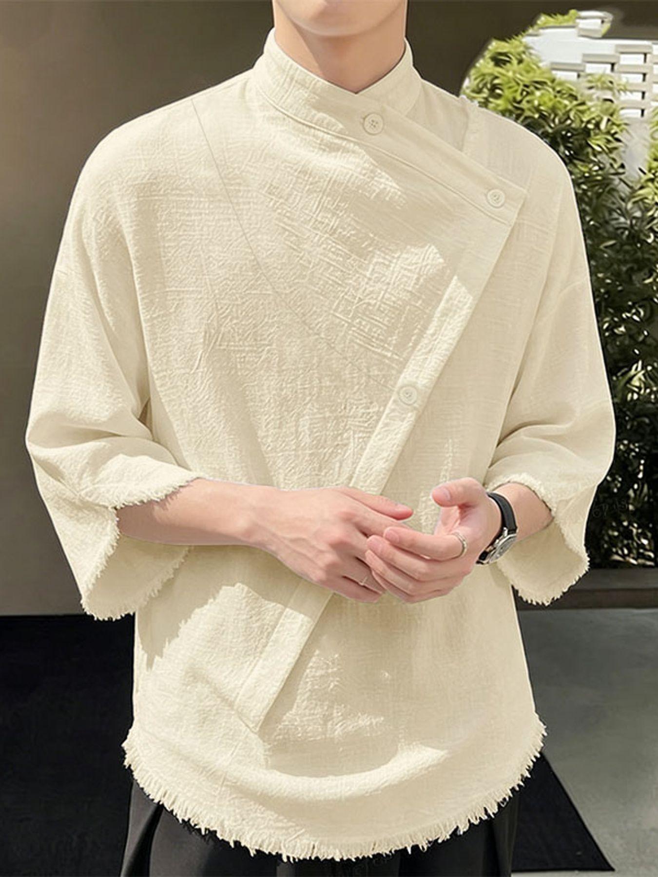item picture men leisure tops tassel decor stand collar half sleeve loose thin outdoor street summer casual shirt