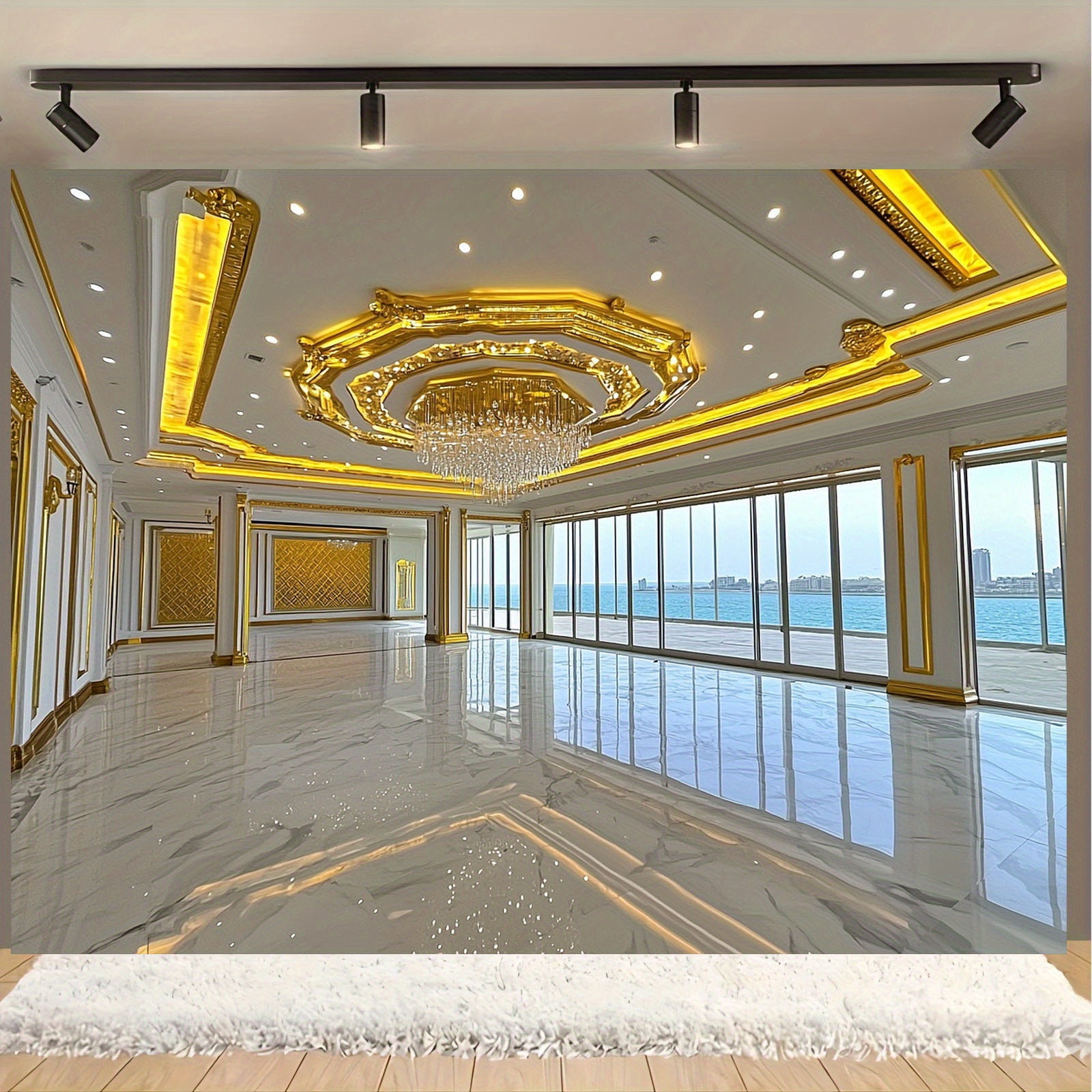 1pc luxurious ballroom theme backdrop with   crystal chandelier marble floor   windows no electricity needed polyester fiber photography backdrop for weddings parties corporate events 2d flat details 0
