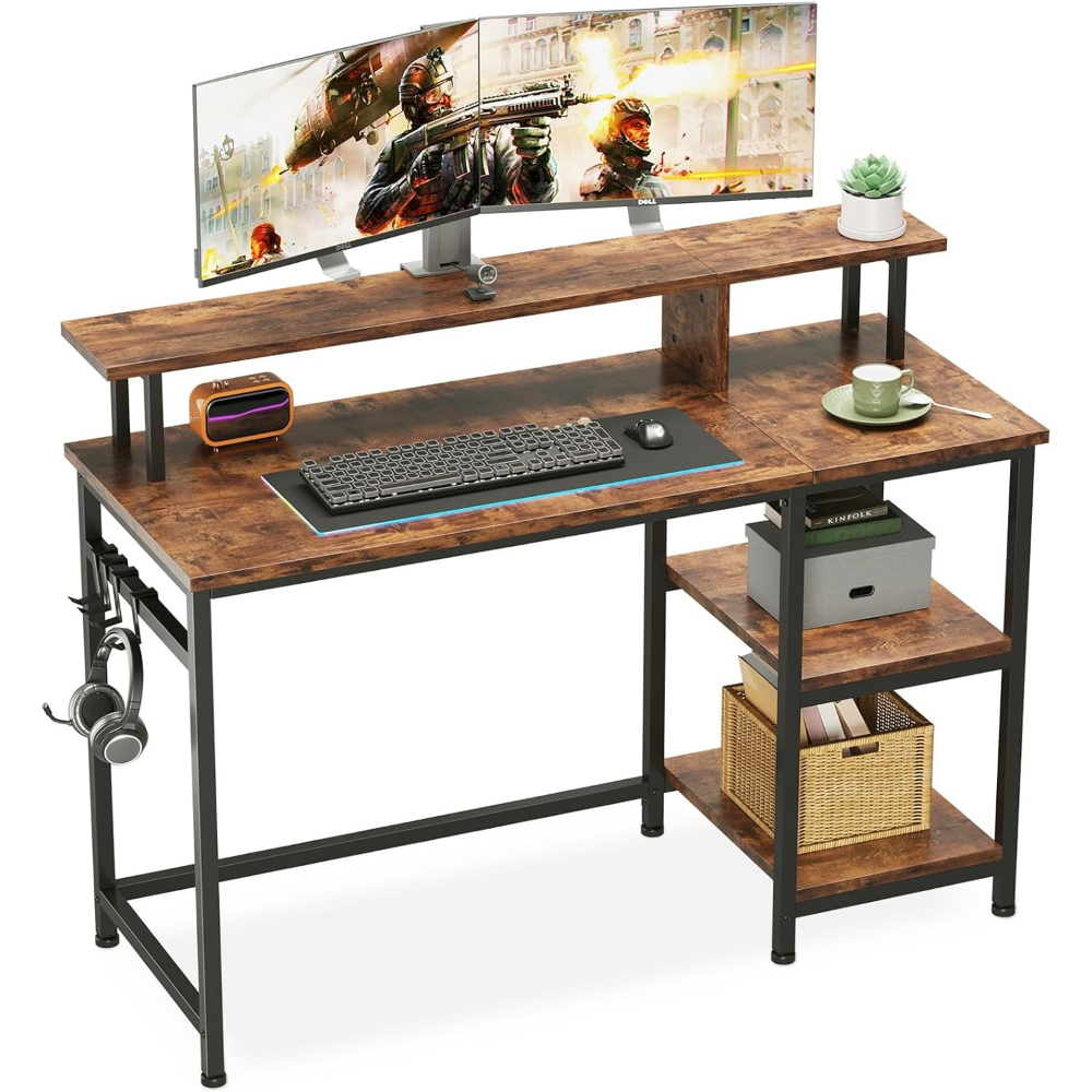 Image of Computer Desk Home Office Desk With Monitor Stand & Storage Shelves