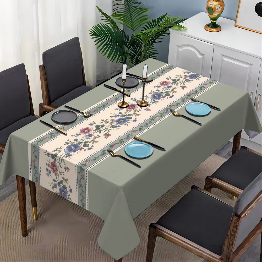 TEMU 1pc Bohemian Floral Print Rectangular Tablecloth - Stylish , Polyester Fabric, Dining Tables, Coffee Tables, And Party Decorations, Dining Table