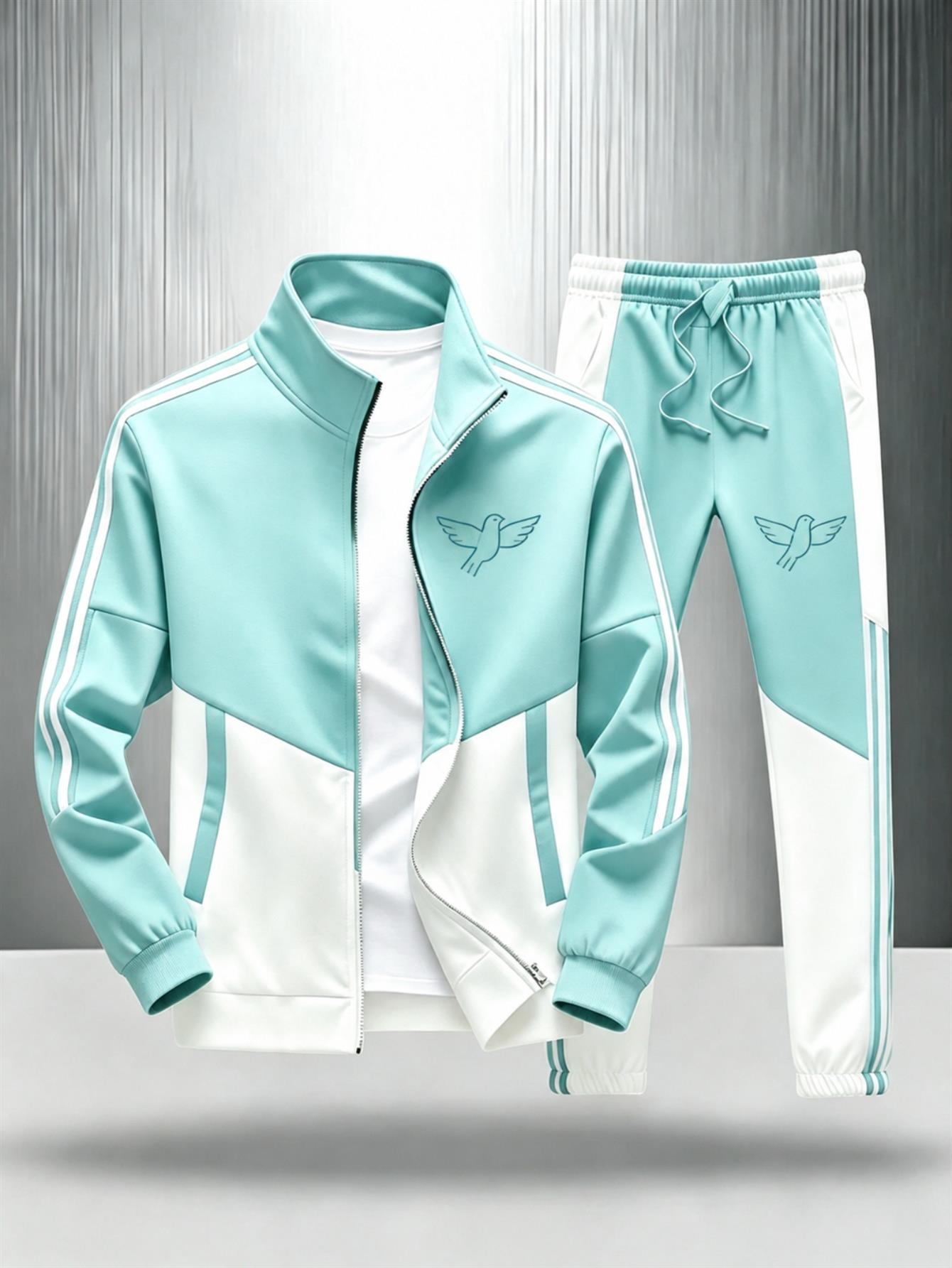 Men's Fashionable Mint White 2pcs Tracksuit Set with Bird Print