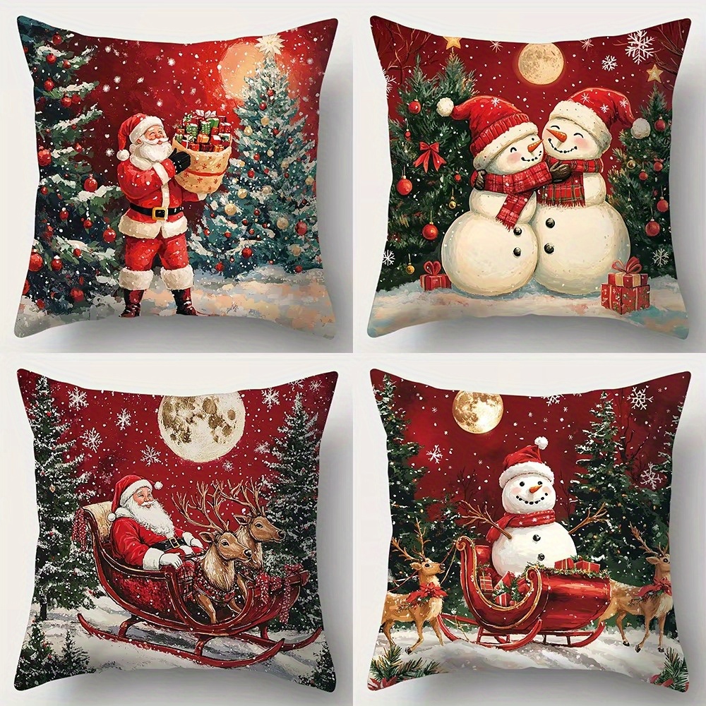 

4pcs Set, Christmas Pillowcases, Santa & Snowman, , , Zippered, , , Sofa Cushion Covers, Decor,