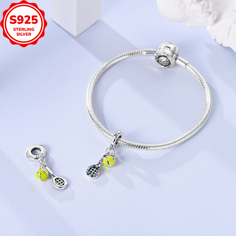Exquisite 925 Silver Tennis Racket & Ball Pendant Charm