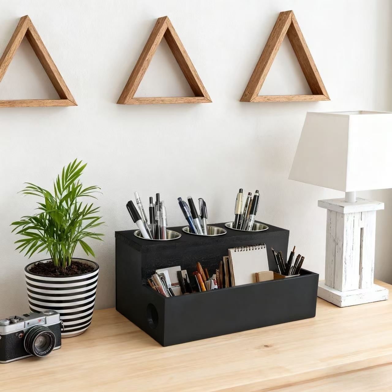 a wooden storage box with 3 stainless steel containers a dual purpose desktop and wall mounted multifunctional organizer suitable for office bathroom makeup hair tools hair dryers and   storage desk drawer organizer for home Product details 1