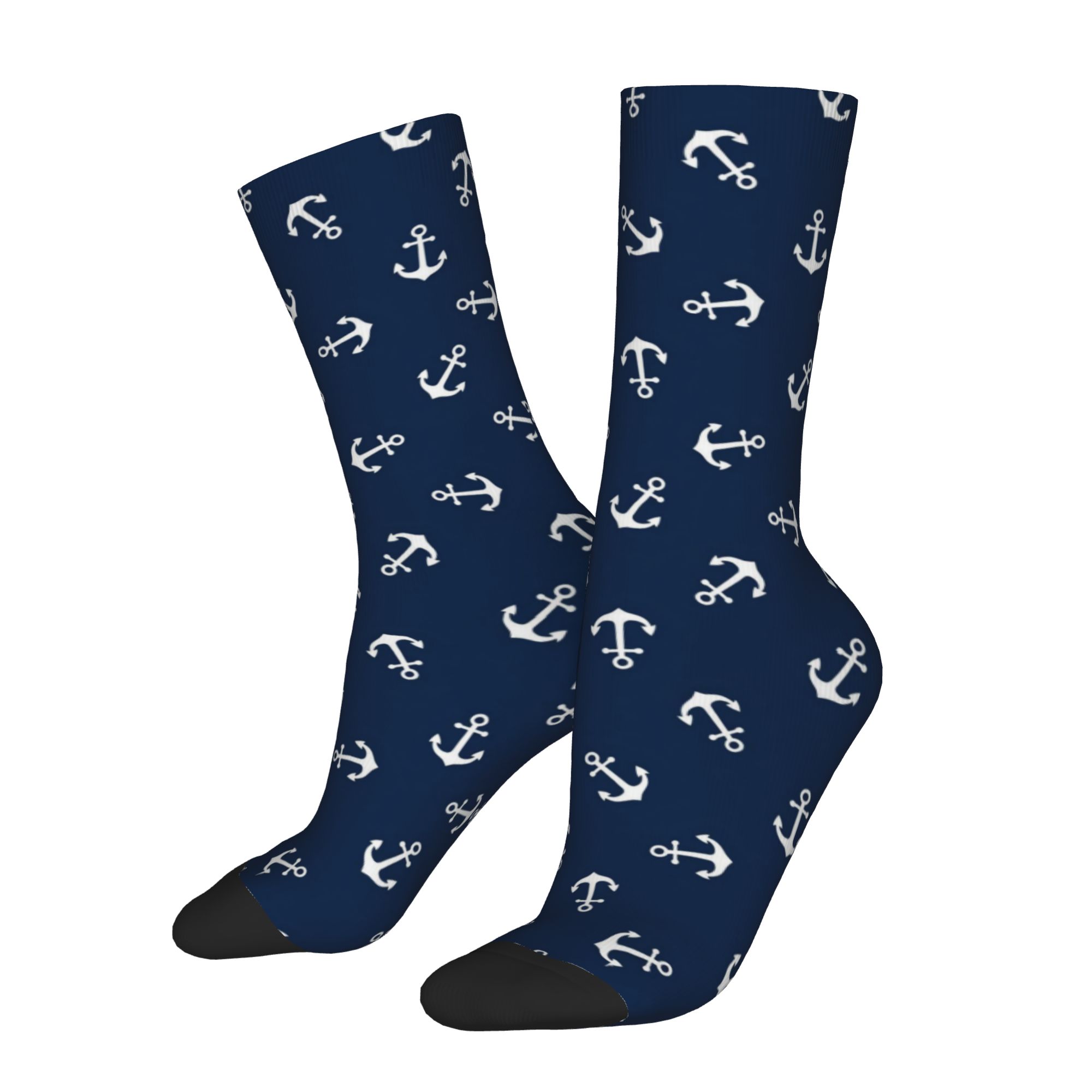TEMU 1 Pair Hip Hop Vintage White Anchor Seamless Pattern Crazy Men's Compression Socks Unisex Street Style Pattern Printed Funny Novelty Happy