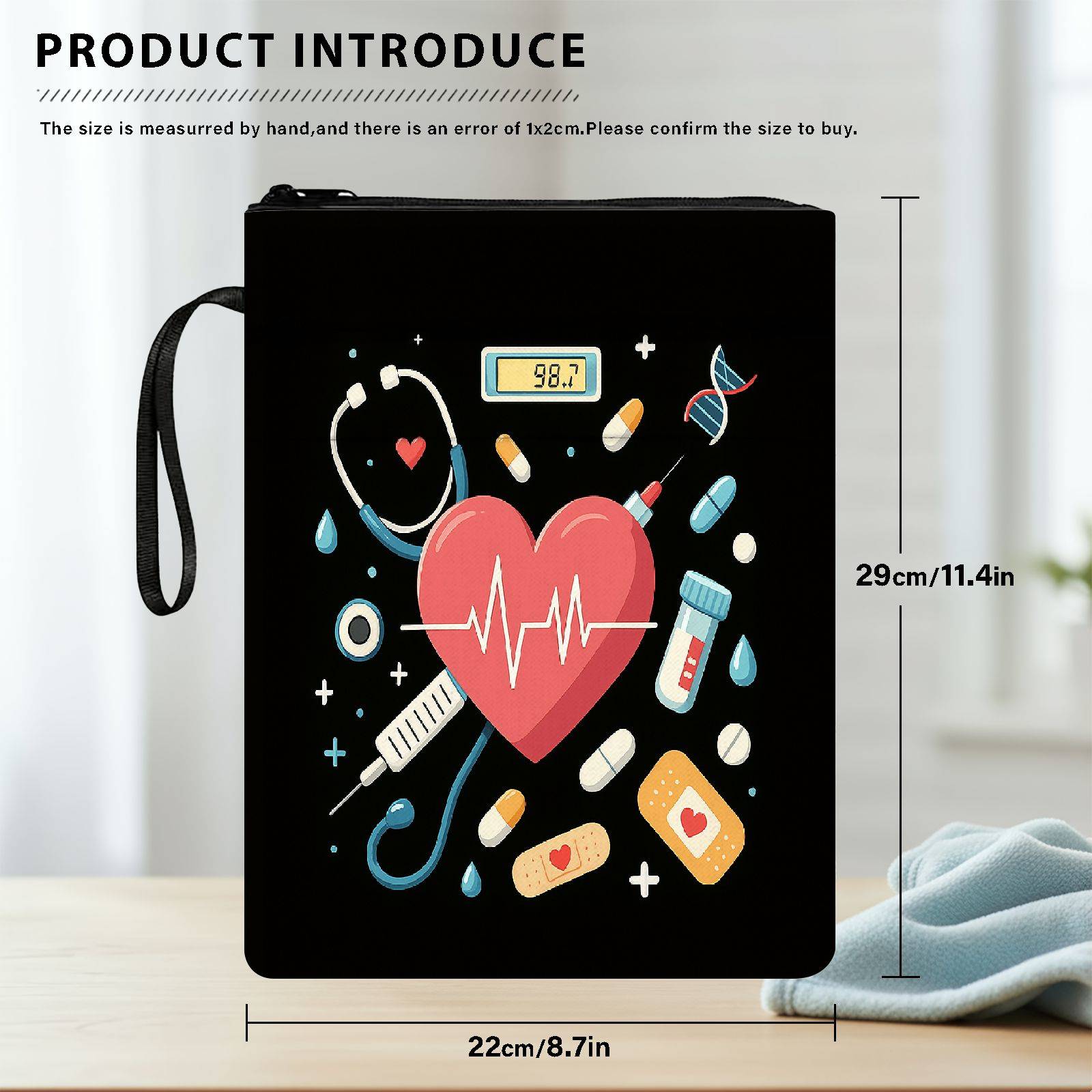 TEMU 1pc Couverture de Livre Médical avec Fermeture Éclair - Design Santé Cardiaque, Protecteur de Livre et Sac de Rangement, Organisateur de Poche