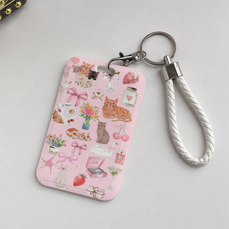 TEMU 2d Kitten Sweet Treats Collage Pattern Card Holder With White Hanging Buckle Plastic Card Holder For Bus Pass, Work Badge, Meal Card For Nurses,
