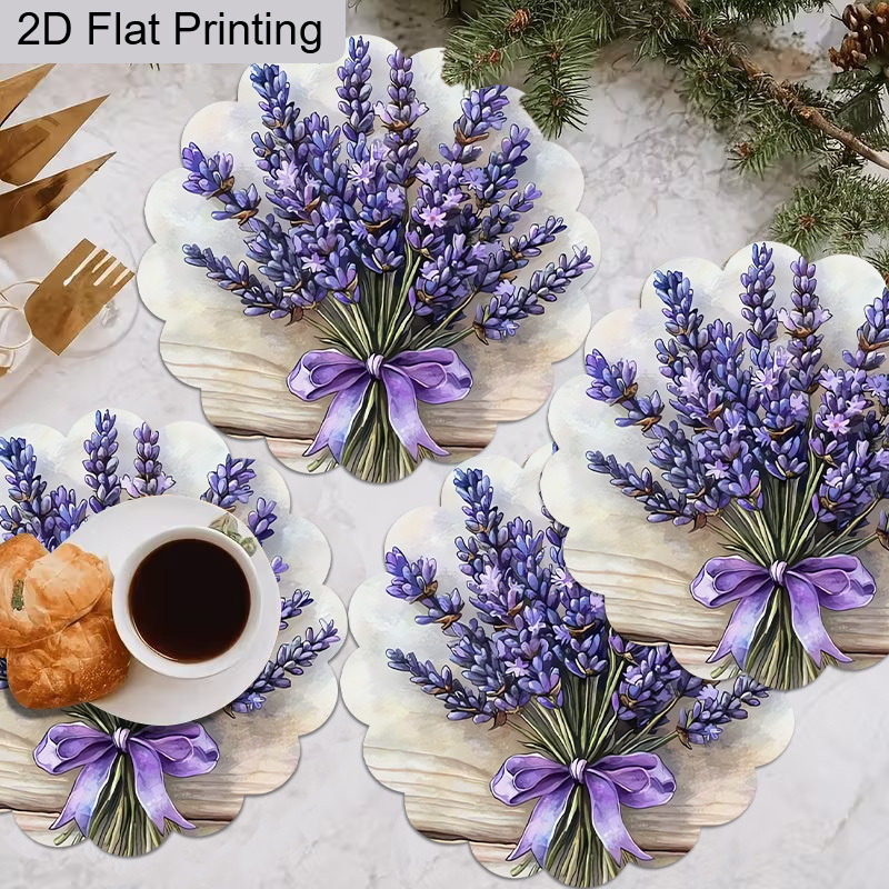 TEMU 2d Flat, 4pcs Spring Background Lavender Pattern Placemat Floral-themed Party Table Decor 14.1 Inches * 14 Inches Casual Daily Dining Table