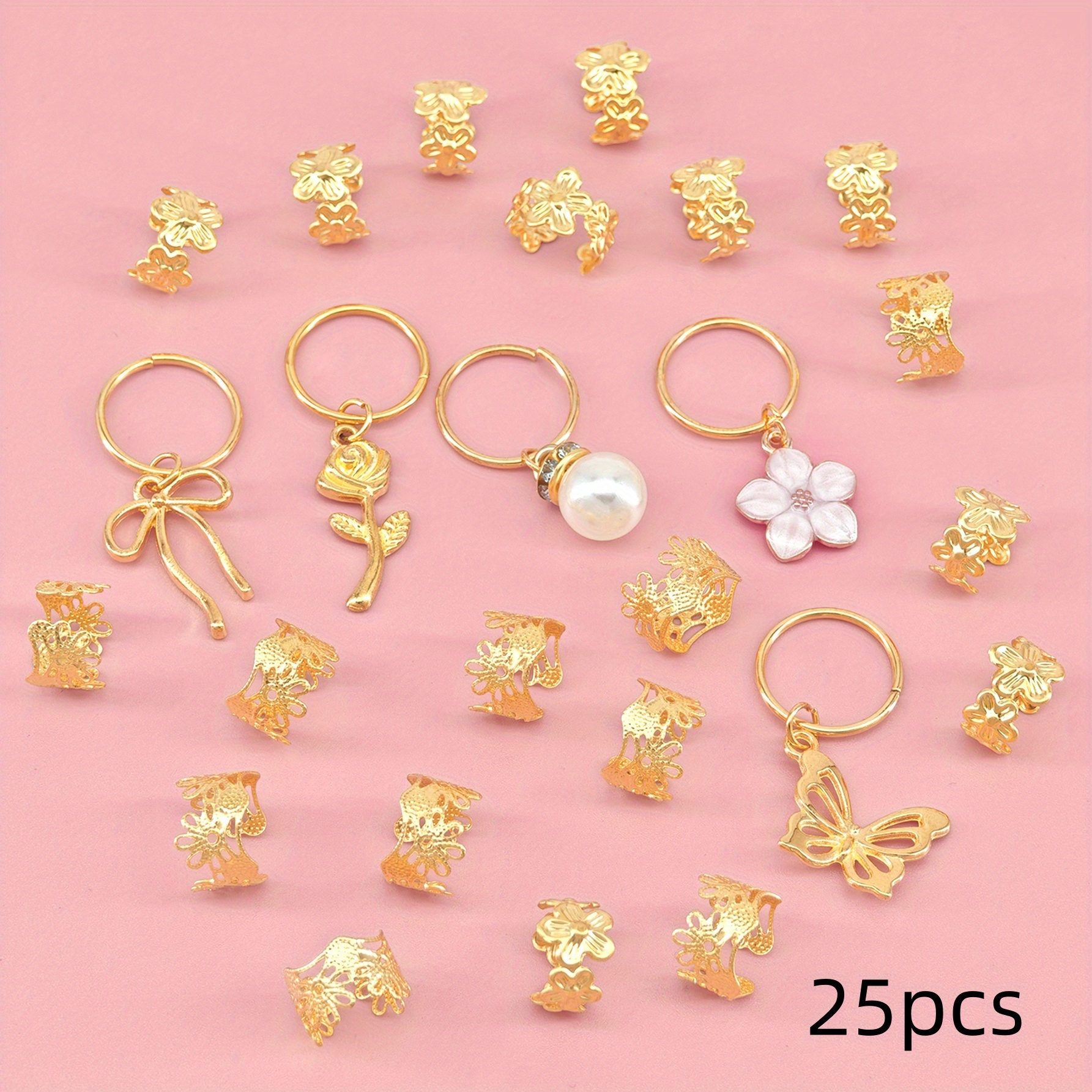 25pcs Flower Decor Hair Clip Summer Dreadlocks Beads Hair Braid Rings Clips Dread Locks Hair Braiding Metal Cuffs Decoration/accessories Jewelry For Parties Music Festival