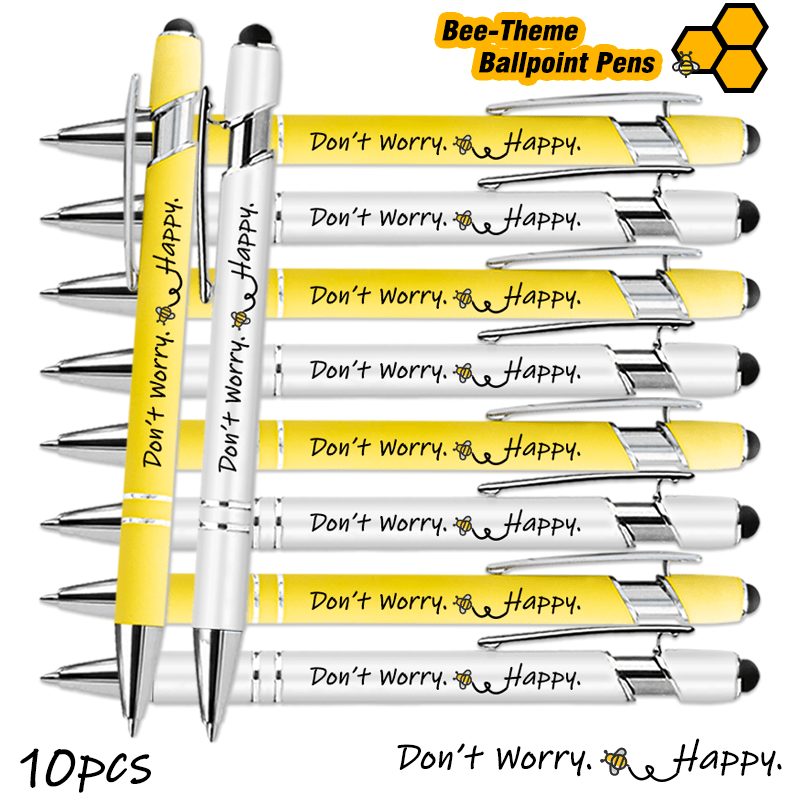 Image of Set Of 10 Ballpoint Pens Featuring A Bee Theme And The Motivational 'don't Worry. .' Ideal For Smooth Writing, Suitable For School, Office Use, Or As A Gift For Colleagues Of Any Gender