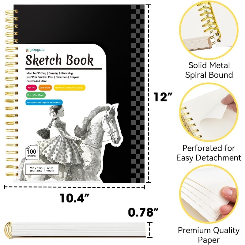 9 x 12 Spiral Sketch Book with Bookmark Ruler, 100 Sheets