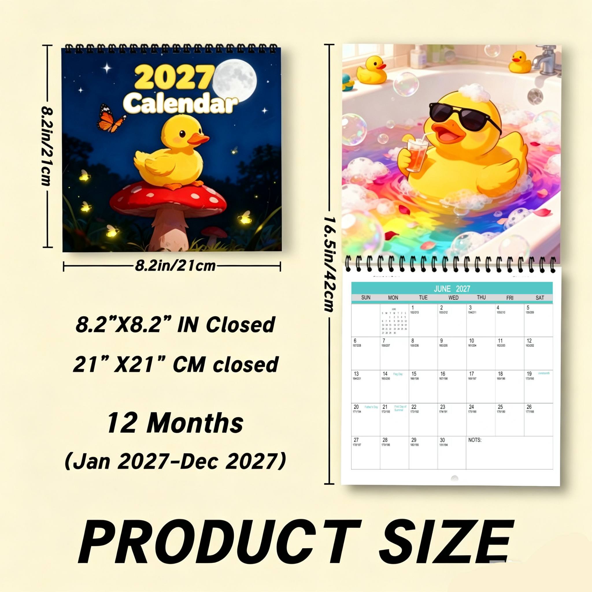 TEMU 1pc 8.2-inch X 8.2-inch , 12 Months With Thick-coated Paper, Spiral Binding, Double-sided Printing, Cute Little Yellow Duck Cartoon-style Wall