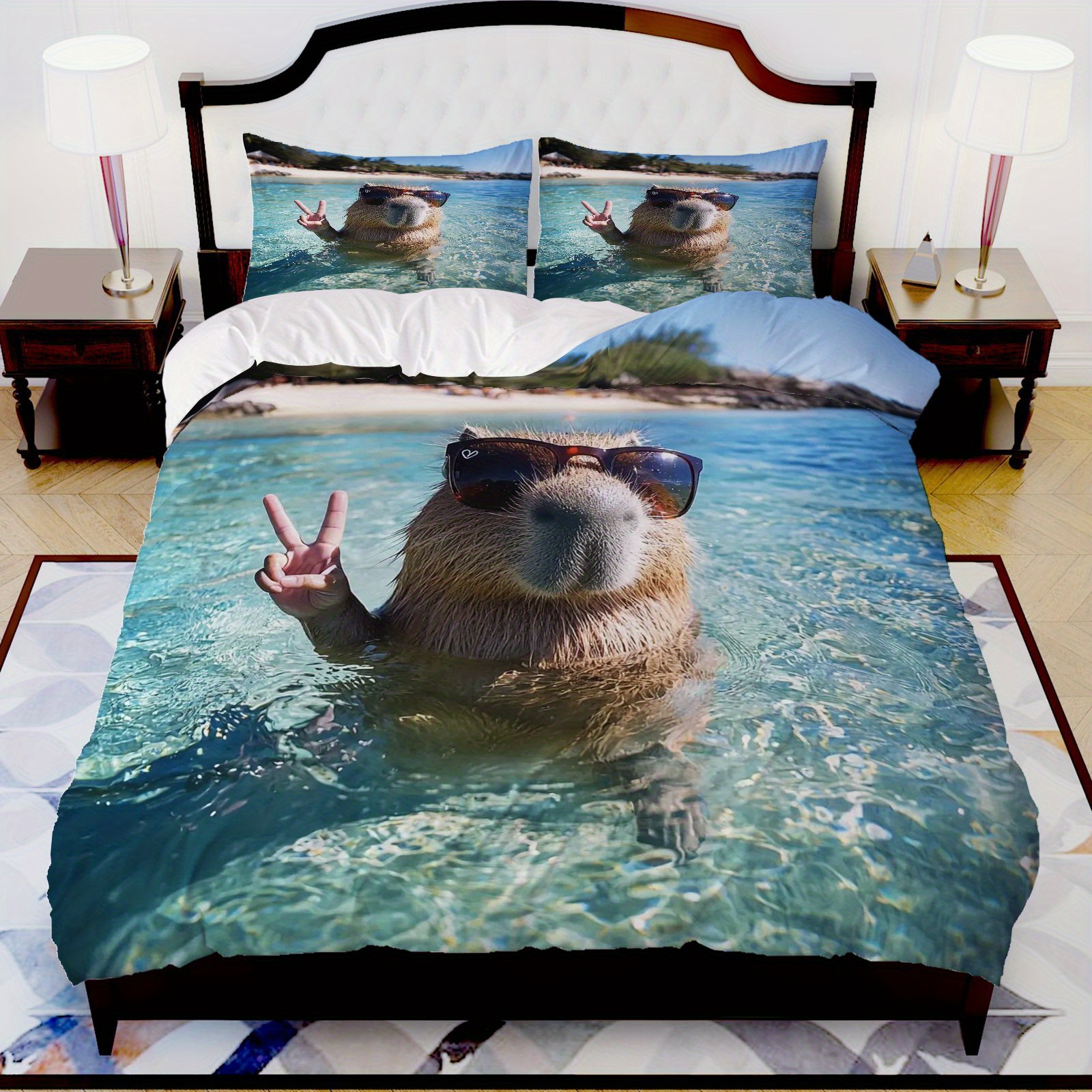 TEMU 3pcs Duvet Cover Set, 1 Duvet   2 Pillowcases (without Filler), Beach Theme, Summer Bedding Set, Capybara Motif Suitable For Bedroom Decoration,