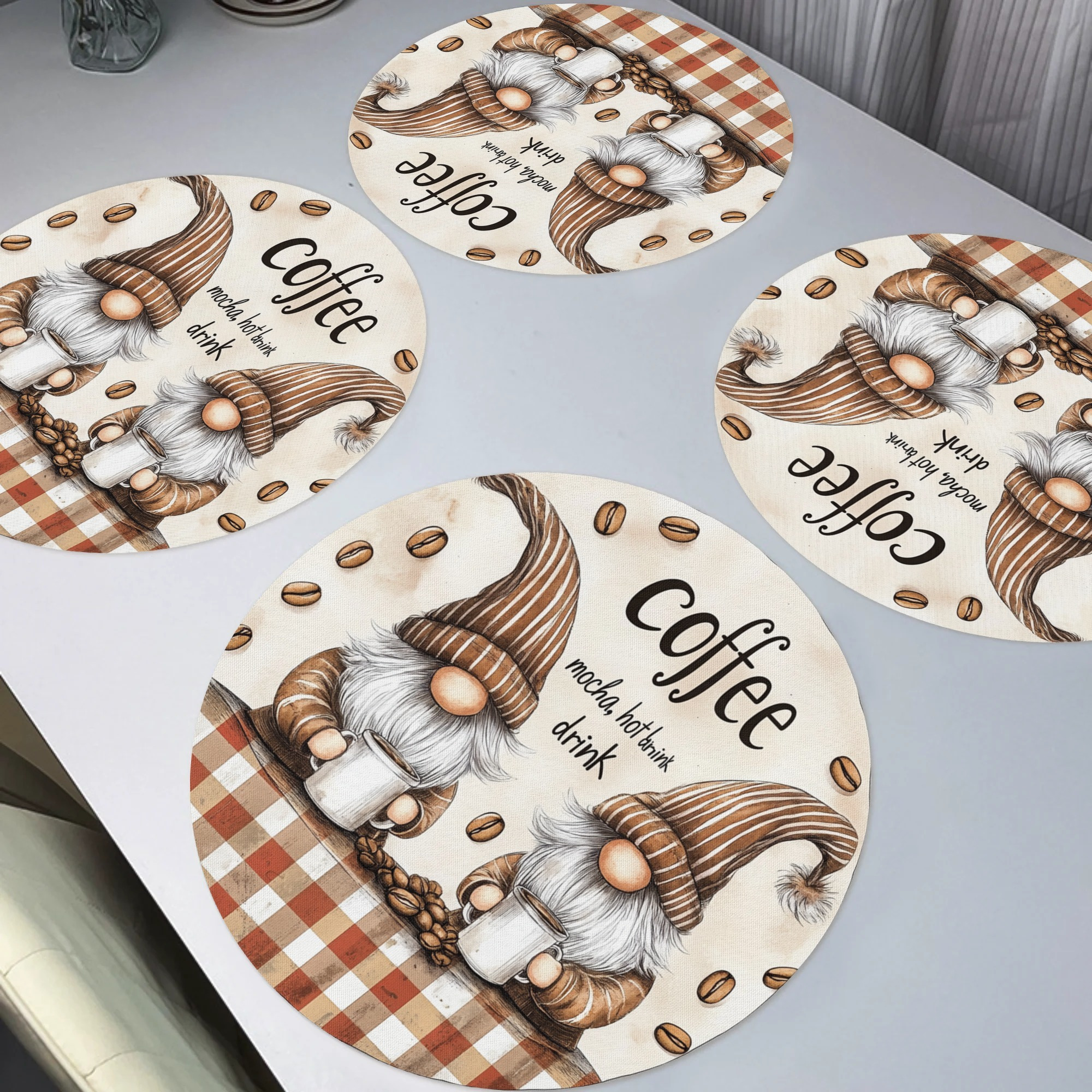 

4pcs Round Knit Fabric Placemats, Polyester, 15 Inch, & Coffee-themed Table Mats, With Hand Wash Only, For Dining & Kitchen Decor