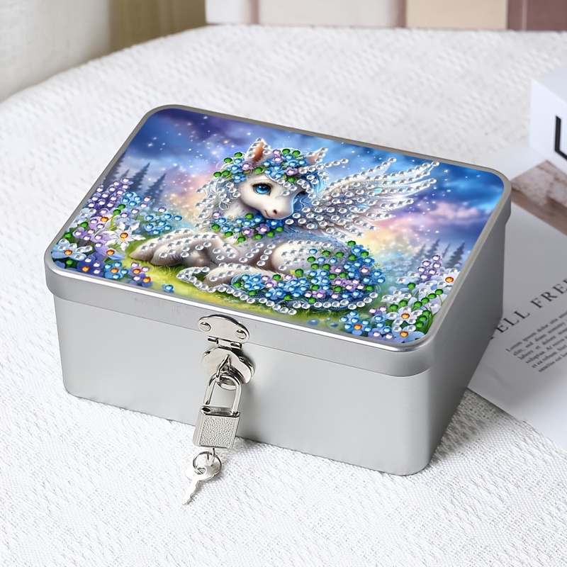 TEMU Diamond Painting Kit Unicorn , Lockable Box(with Key), With Round And Irregular Shaped Diamonds. Desktop Storage Jar- Multifunctional Organizer