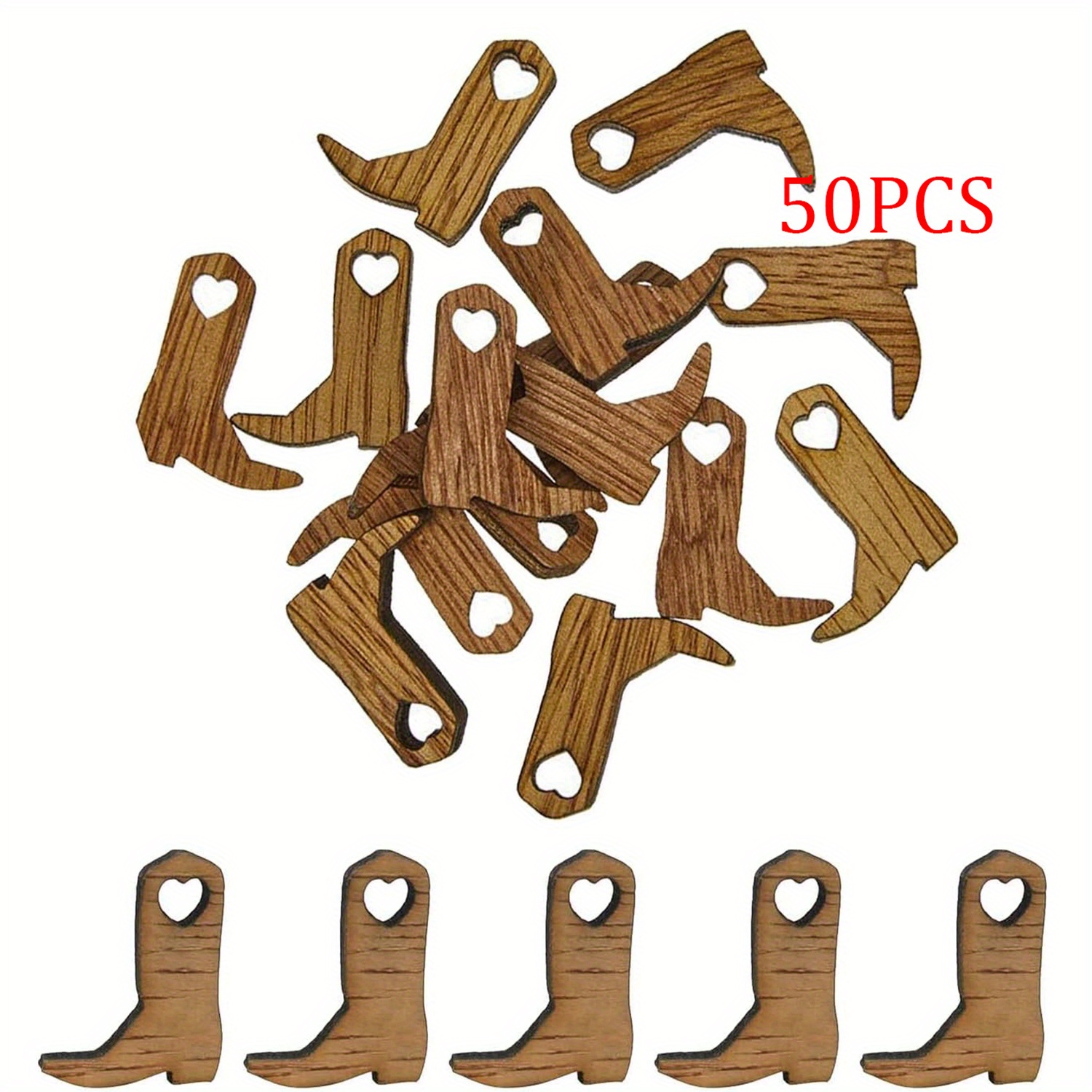 50pcs Mini Cowboy Boots Wooden Heart Shaped Wood Chips Holiday Hanging Ornaments Diy Painting Crafts Pendants Home Party Wedding Holiday Event Decoration Pendants Birthday Holiday Gifts