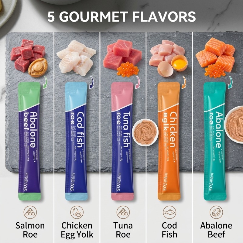 100pcs cat snacks one weighing 0 56oz 16g cat fattening nutrition strip 20 mixed cat strips in each of five flavors chicken egg yolk salmon fish roe cod fish roe abalone beef   roe Product details 1