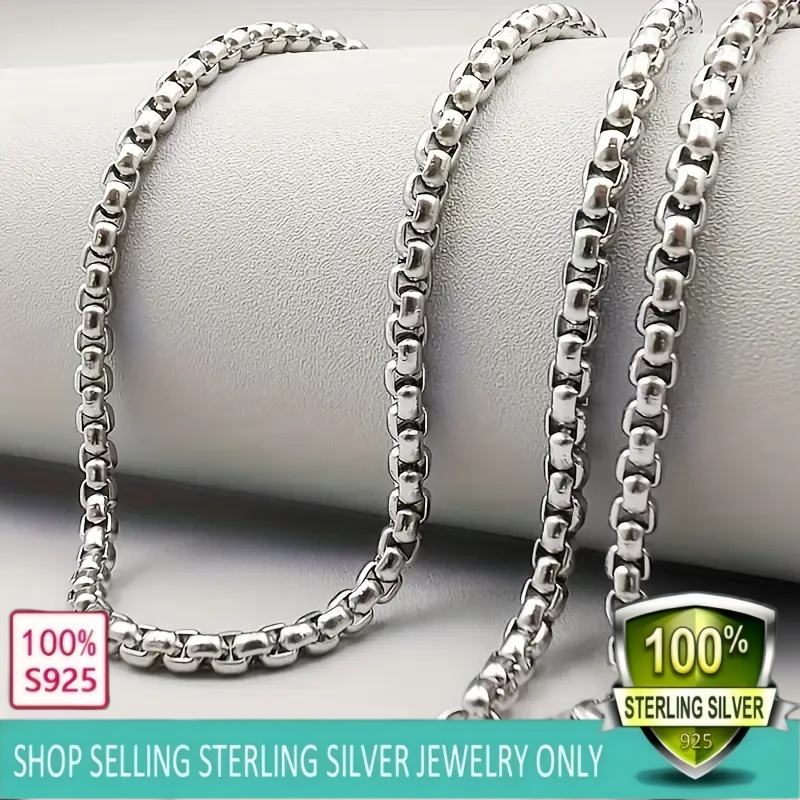 TEMU Handmade, 4mm Handmade Necklace, 925 Sterling Silver Fashionable Round Box Chain, Unisex, Multiple Sizes , Mother's Day Gift, Daily Present (for