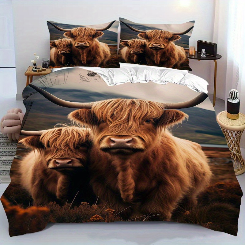 E-shop 2/3-teiliges Hochlandrind-Print Bettbezugset, inklusive Bettdeckenbezug und Kissenbezüge – für Schlafzimmer, Bettwäsche & Deko |