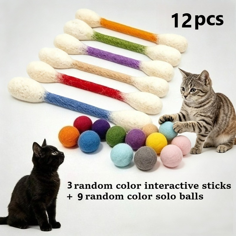 TEMU Lot de 12 pièces : Baguette interactive + 9 balles de jeu , jouets aléatoires pour chat, adaptés à l'ennui en intérieur, corde à mâcher durable,
