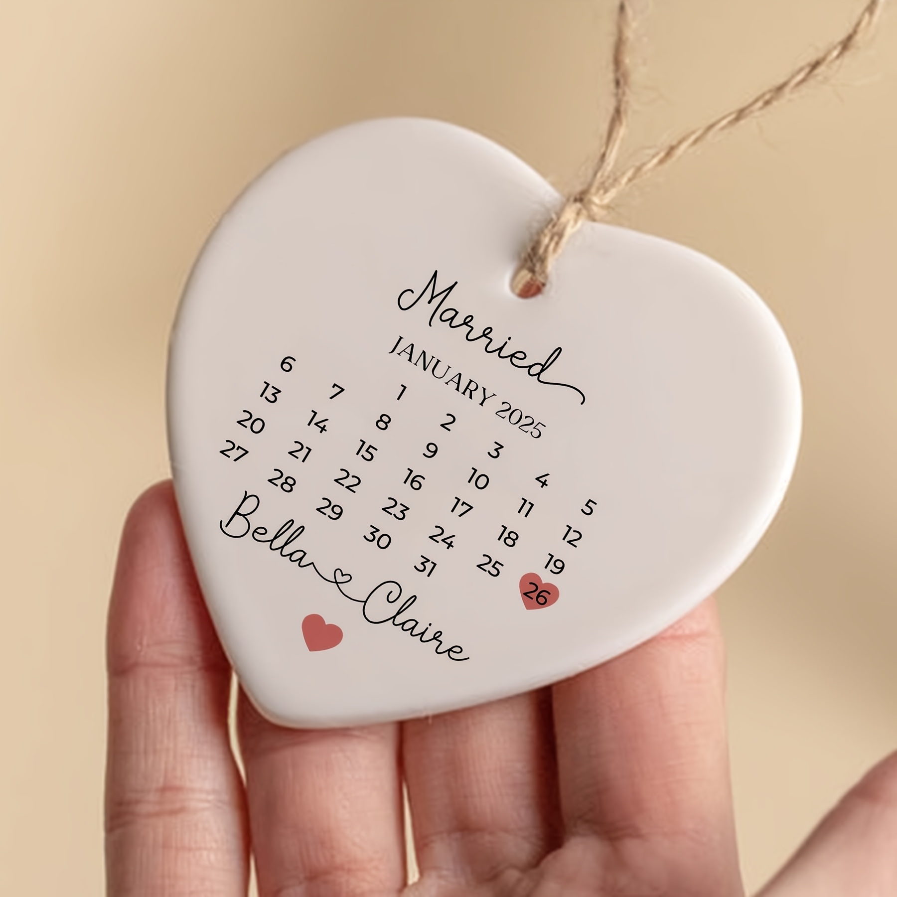 TEMU Personalised Married Calendar Date Ceramic Heart Shaped Ornament, Customised Name And Married Date, Valentine's Day Gift, , Wedding Keepsake,