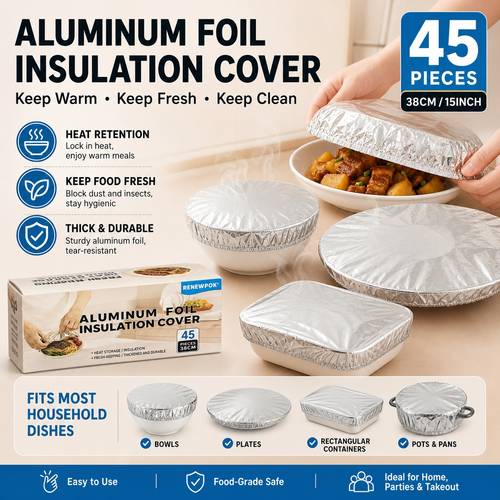 photo de l'article 45 pièces (par boîte) caches-aliments robustes en aluminium - caches-aliments réutilisables en aluminium extensible de qualité alimentaire, -poussière et conservant la - caches-aliments en aluminium épaissis et améliorés - caches élastiques épaissis, adaptés aux , assiettes, plats, à
