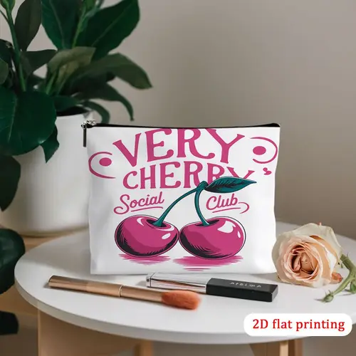 1pc makeup bag durable 2d flat printing zipper closure cosmetic pouch with vibrant cherry design ideal for travel everyday use beach accessory vibrant accessory zippered pouch