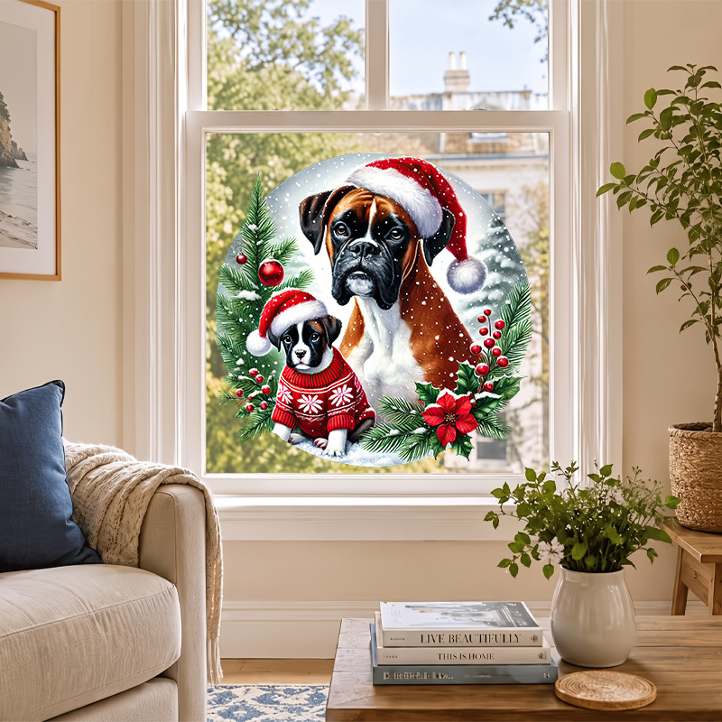 TEMU 2pcs Boxer Dogs In Christmas Hats Patterned Window Stickers Are Self-adhesive And Removable. Are Suitable For Bedroom, Bathroom, Kitchen, Home