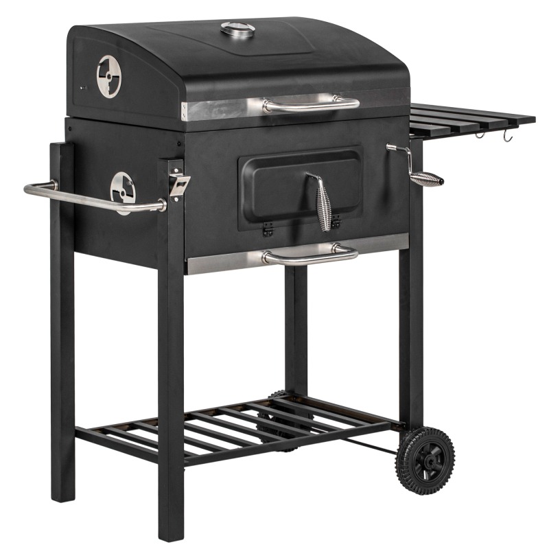 Outsunny Charcoal BBQ Grill Outdoor Portable Cooker for Camping Or Backyard Picnic with Side Table Bottom Storage Shelf Wheels And Handle Black