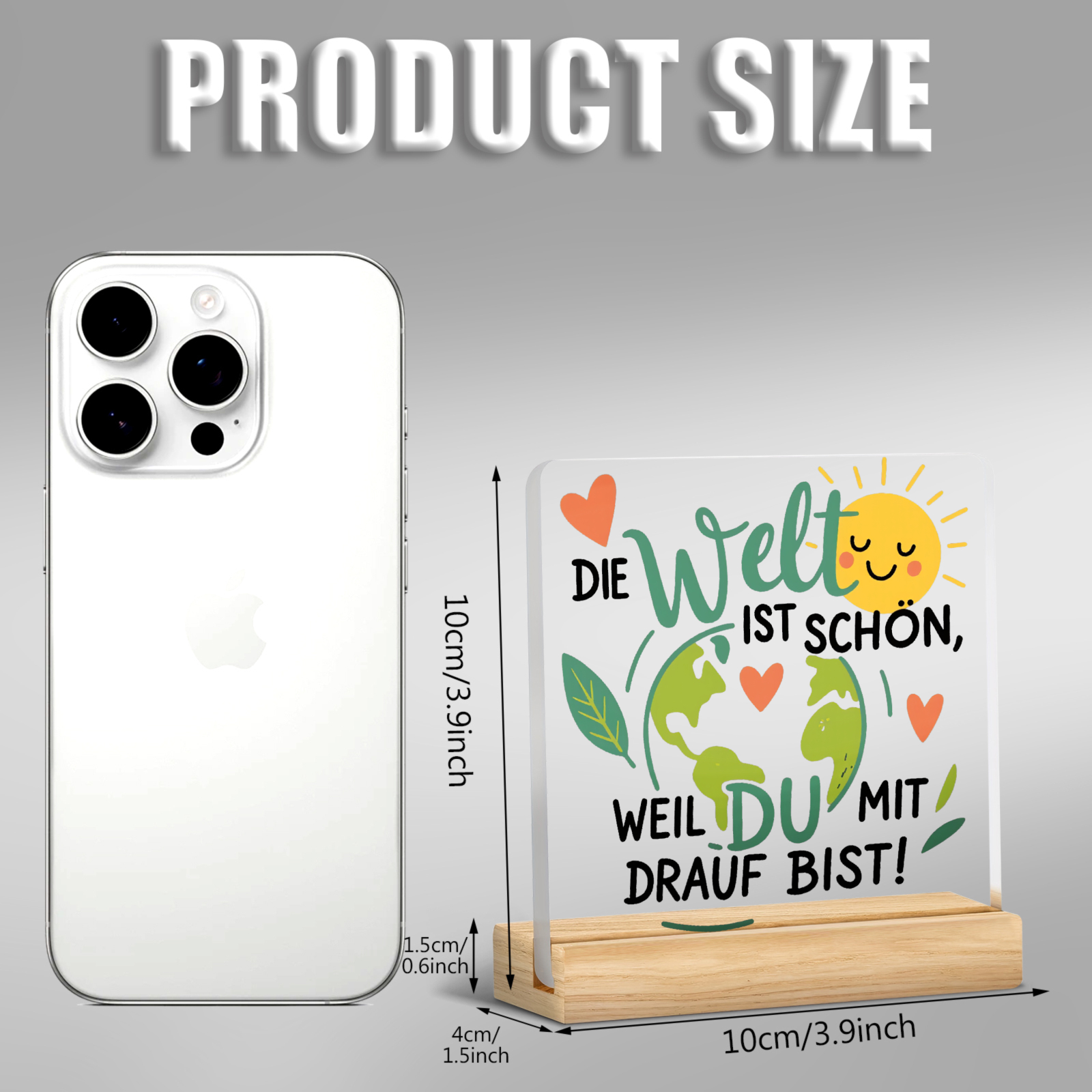 TEMU 2d Flat Printing German Quote Acrylic Standee, Mini Size Cartoon Earth Theme Desktop Ornament, , Hearts And Green Leaves Surrounding , Fun