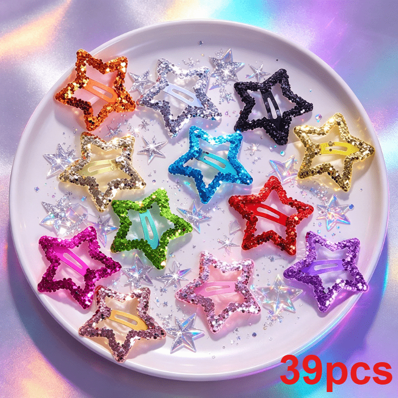 TEMU 39pcs Random Color Dopamine Hair Clip Set, Star And Button Hair Clips, Anti-slip Hair Additions, Suitable For Men And Women' Use And Parties,