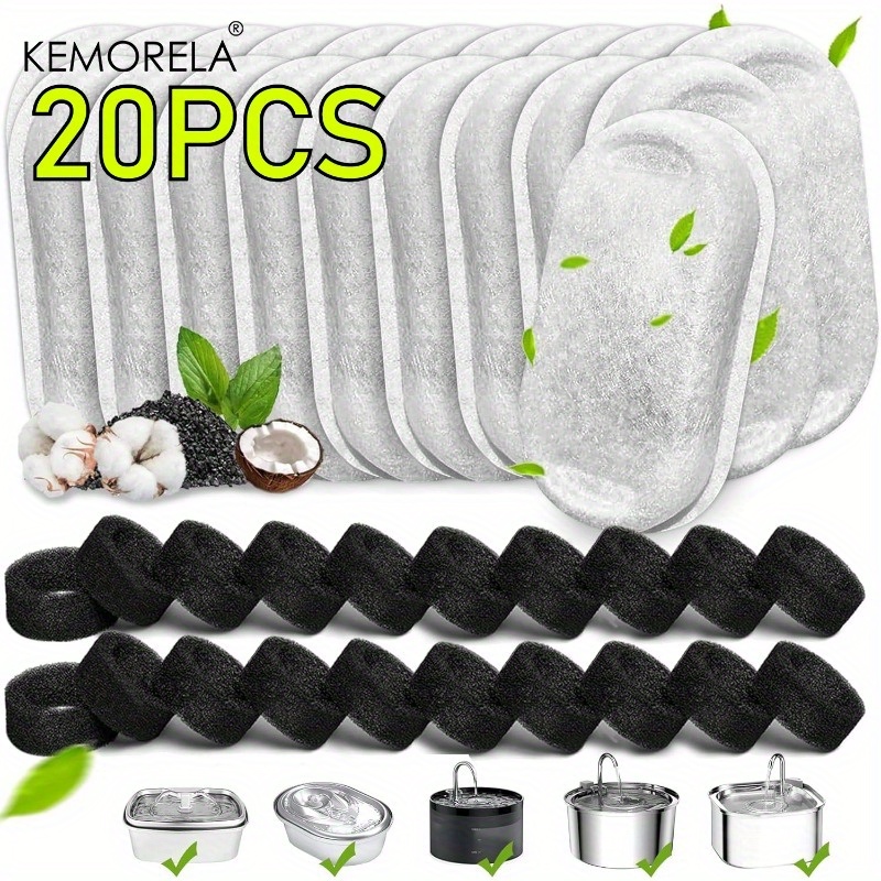 Image of Kemorela 20packs(20pcsfilter + 20pcs Sponge) Cat Water Fountain Filters, Cat Water Dispenser Replacement Filters & Pre-filter Sponges For 2l/67oz Stainless Steel Pet Water Fountain, Without Battery