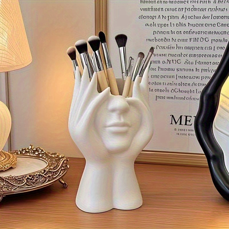 1pc     pen makeup brush holder durable plastic multifunctional desk organizer   office decor with hands covering eyes design details 1