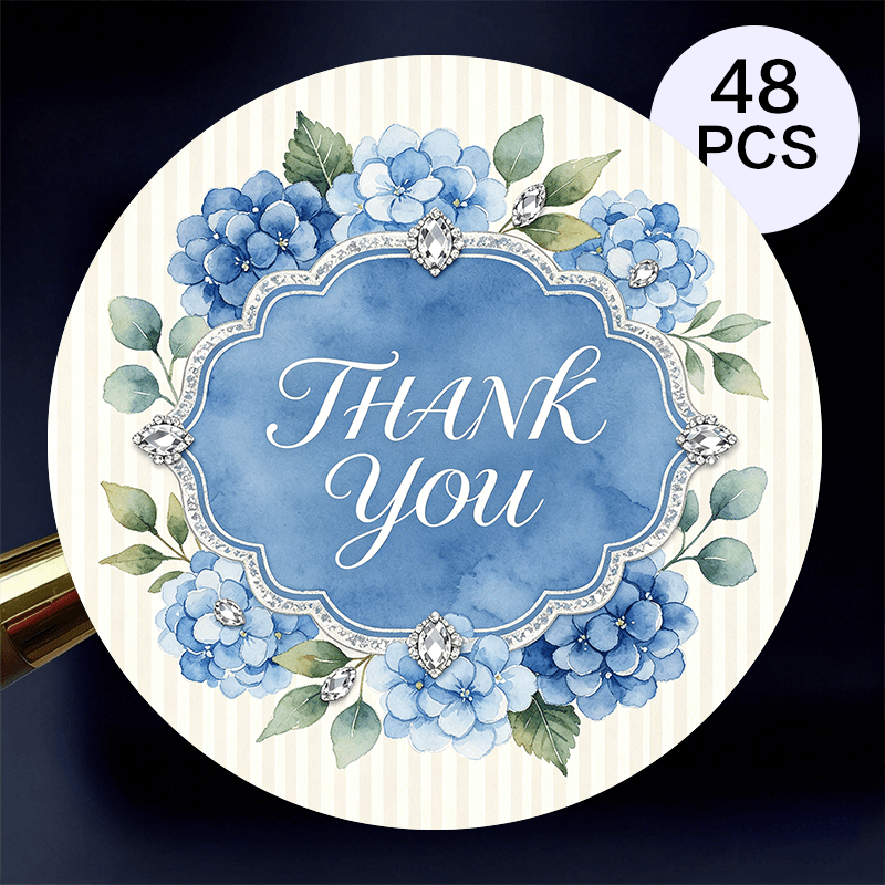TEMU 48pcs Round Thank You Stickers, Elegant Watercolor Blue Hydrangea With And Rhinestone Decor Labels, Self-adhesive Seals For Small Business