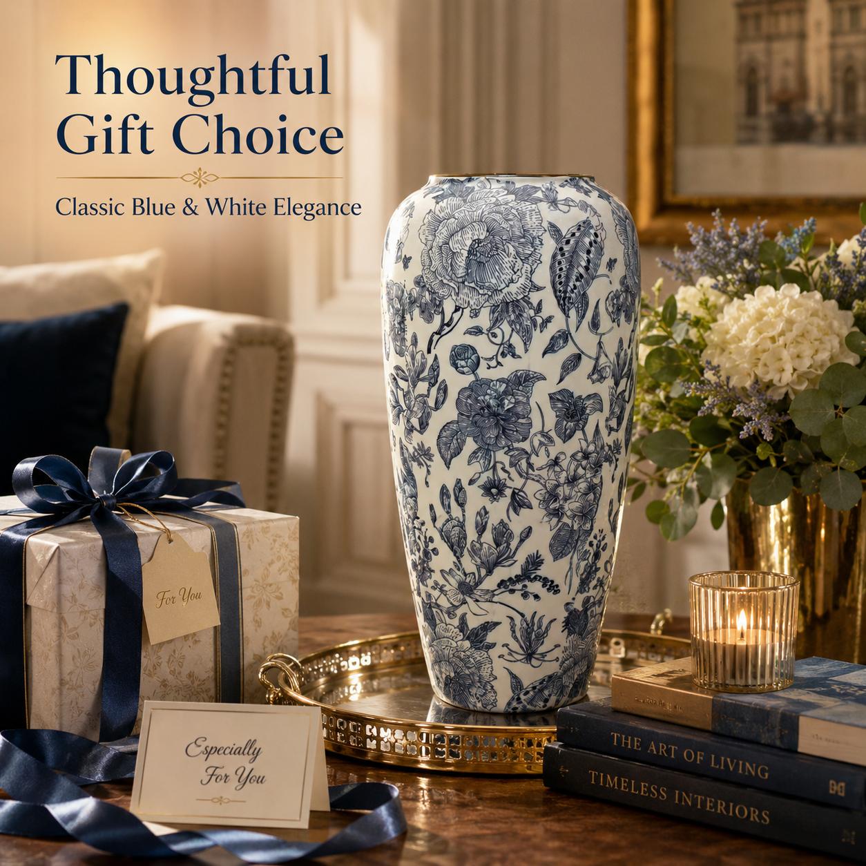 TEMU 2026 And White Ceramic Vase, 12.6 Inch Tall Floral Decorative Vase, Chinoiserie Flower Holder For Branches, Pampas Grass, Living Room, Entryway,